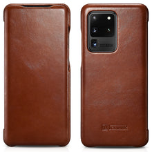 Заредете изображение във визуализатора на галерията – iCarer Curved Edge Vintage Folio Genuine Leather Flip Cover for Samsung Galaxy S20 Ultra brown (RS992008-BN) - TopMag
