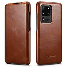 Заредете изображение във визуализатора на галерията – iCarer Curved Edge Vintage Folio Genuine Leather Flip Cover for Samsung Galaxy S20 Ultra brown (RS992008-BN) - TopMag
