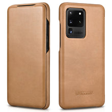 Заредете изображение във визуализатора на галерията – iCarer Curved Edge Vintage Folio Genuine Leather Cover Case for Samsung Galaxy S20 Ultra khaki (RS992008-GG) - TopMag
