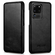 Заредете изображение във визуализатора на галерията – iCarer Curved Edge Vintage Folio Genuine Leather Cover Flip Cover for Samsung Galaxy S20 Ultra black (RS992008-BK) - TopMag
