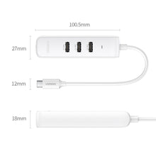 Заредете изображение във визуализатора на галерията – Ugreen HUB 4in1 USB Type C - 3x USB Type A 3.1 Gen 1 + RJ45 white (CM416 50620) - TopMag

