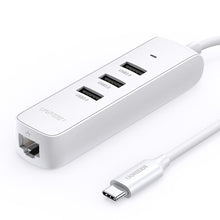 Заредете изображение във визуализатора на галерията – Ugreen HUB 4in1 USB Type C - 3x USB Type A 3.1 Gen 1 + RJ45 white (CM416 50620) - TopMag
