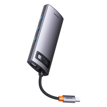 Заредете изображение във визуализатора на галерията – Baseus Metal Gleam 6in1 multifunctional USB Type C hub - USB Type C Power Delivery 100 W / 2x HDMI 4K 30 Hz / 3x USB 3.2 Gen 1 gray (WKWG030113) - TopMag
