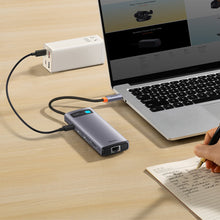 Заредете изображение във визуализатора на галерията – Baseus Metal Gleam Series Docking Station HUB 9 in 1 USB Type C - 2 x HDMI / 2 x USB 3.2 Gen. 1/1 x USB 2.0 / 1 x Power Delivery / 1 x SD card reader / 1 x TF card reader / 1 x RJ-45 gray (WKWG060013) - TopMag
