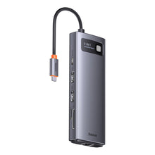 Заредете изображение във визуализатора на галерията – Baseus Metal Gleam Series Docking Station HUB 9 in 1 USB Type C - 2 x HDMI / 2 x USB 3.2 Gen. 1/1 x USB 2.0 / 1 x Power Delivery / 1 x SD card reader / 1 x TF card reader / 1 x RJ-45 gray (WKWG060013) - TopMag

