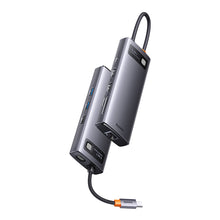 Заредете изображение във визуализатора на галерията – Baseus Metal Gleam Series Docking Station HUB 9 in 1 USB Type C - 2 x HDMI / 2 x USB 3.2 Gen. 1/1 x USB 2.0 / 1 x Power Delivery / 1 x SD card reader / 1 x TF card reader / 1 x RJ-45 gray (WKWG060013) - TopMag
