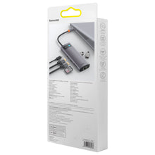 Заредете изображение във визуализатора на галерията – Baseus Metal Gleam Series Docking Station HUB 9 in 1 USB Type C - 2 x HDMI / 2 x USB 3.2 Gen. 1/1 x USB 2.0 / 1 x Power Delivery / 1 x SD card reader / 1 x TF card reader / 1 x RJ-45 gray (WKWG060013) - TopMag
