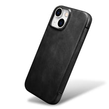 Заредете изображение във визуализатора на галерията – MagSafe Compatible Leather Flip Case for iPhone 15 iCarer Curved Edge Oil Wax Real Leather Folio Case - Black
