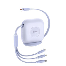 Заредете изображение във визуализатора на галерията – Baseus Traction Series Retractable 3-in-1 USB Type C Cable - Micro USB / USB Type C / Lightning Power Delivery 100W 1.7m Violet (CAQY000005) - TopMag
