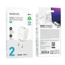 Заредете изображение във визуализатора на галерията – Borofone Wall charger BN14 Royal GaN - USB + Type C - QC 3.0 PD 30W white
