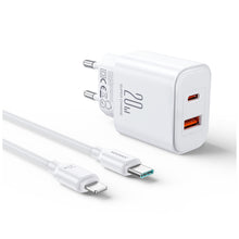 Заредете изображение във визуализатора на галерията – Joyroom JR-TCF05 20W USB-C / USB-A Fast Dual Port Wall Charger - White + USB-C - Lightning 1m
