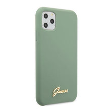 Заредете изображение във визуализатора на галерията – Guess GUHCN65LSLMGKA iPhone 11 Pro Max khaki hard case Silicone Vintage Gold Logo
