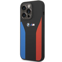 Заредете изображение във визуализатора на галерията – Case BMW BMHCP14L22SCSK iPhone 14 Pro 6.1" black/black Silicone Blue&amp;Red Stripes M Collection
