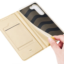 Заредете изображение във визуализатора на галерията – Dux Ducis Skin Pro Case for Samsung Galaxy S23 Flip Card Wallet Stand Gold
