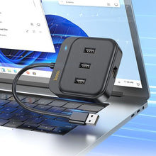 Заредете изображение във визуализатора на галерията – HOCO adapter HUB 4in1 USB to USB2.0*3+RJ45 100 Mbps Ethernet 0,2m HB35 black
