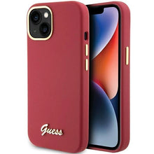 Заредете изображение във визуализатора на галерията – Guess Silicone Script Metal Logo &amp; Frame case for iPhone 15 - red
