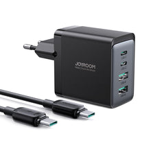 Заредете изображение във визуализатора на галерията – Joyroom charger GaN 67W 4 ports (2x USB, 2x USB C) black (TCG02) + cable USB C - USB C 100W 1.2m
