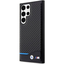 Заредете изображение във визуализатора на галерията – Original faceplate case BMW BMHCS23L22NBCK for SAMSUNG S23 Ultra (Carbon Case Bottom Horizontal Blue Line and Metal Logo / black)

