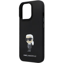 Заредете изображение във визуализатора на галерията – Original Pouch KARL LAGERFELD hardcase Silicone Ikonik Metal Pin KLHCP14XSMHKNPK for Iphone 14 Pro Max black
