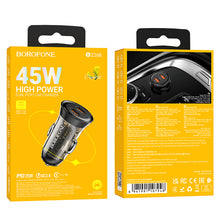 Заредете изображение във визуализатора на галерията – Borofone Car charger BZ26B Discovery - 2xType C - PD 45W 3A transparent-black
