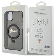 Заредете изображение във визуализатора на галерията – Guess Ring Stand Script Glitter MagSafe case for iPhone 14 / 15 / 13 - black
