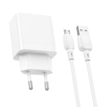 Заредете изображение във визуализатора на галерията – Borofone Wall charger BN15 Strong - 2xUSB - 2,1A with USB to Micro USB cable white
