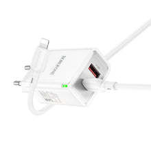 Заредете изображение във визуализатора на галерията – Borofone Wall charger BN16 Tough - USB + Type C - PD 45W 3A with Type C to Lightning cable white
