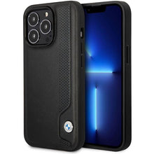 Заредете изображение във визуализатора на галерията – Case BMW BMHCP14X22RBDK iPhone 14 Pro Max 6.7" black/black hardcase Leather Blue Dots
