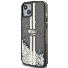 Заредете изображение във визуализатора на галерията – Original faceplate case GUESS GUHCP15MLFCSEGK for iPhone 15 Plus (Liquid Glitter Gold Stripes / black)
