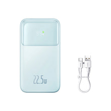 Заредете изображение във визуализатора на галерията – Baseus Comet Series powerbank with display 10000mAh 22.5W - blue + USB-A - USB-C cable 0.3m - white
