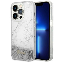 Заредете изображение във визуализатора на галерията – Original Case GUESS Liquid Glitter Marble GUHCP14LLCSGSGH for Iphone 14 Pro white
