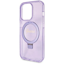 Заредете изображение във визуализатора на галерията – Guess Ring Stand Script Glitter MagSafe case for iPhone 14 Pro Max - purple
