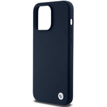 Заредете изображение във визуализатора на галерията – BMW Silicone Metal Logo case for iPhone 15 Pro - navy blue
