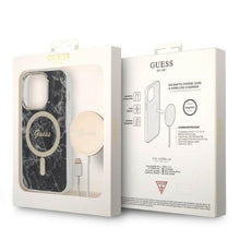 Заредете изображение във визуализатора на галерията – Original Set GUESS GUBPP14XHMEACSK for iPhone 14 Pro Max (Bundle Pack Magsafe: Case + Charger / IMG Marble / Gold - Black)

