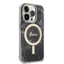 Заредете изображение във визуализатора на галерията – Original Set GUESS GUBPP14XHMEACSK for iPhone 14 Pro Max (Bundle Pack Magsafe: Case + Charger / IMG Marble / Gold - Black)
