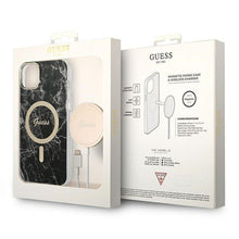 Заредете изображение във визуализатора на галерията – Original Set GUESS GUBPP14SHMEACSK for iPhone 14 (Bundle Pack Magsafe: Case + Charger / IMG Marble / Gold - Black)
