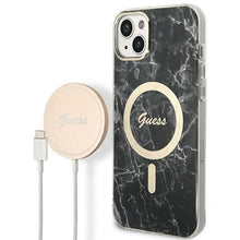 Заредете изображение във визуализатора на галерията – Original Set GUESS GUBPP14SHMEACSK for iPhone 14 (Bundle Pack Magsafe: Case + Charger / IMG Marble / Gold - Black)
