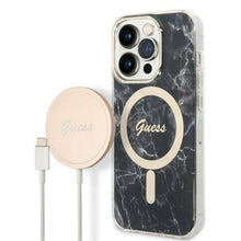 Заредете изображение във визуализатора на галерията – Original Set GUESS GUBPP14LHMEACSK for iPhone 14 Pro (Bundle Pack Magsafe: Case + Charger / IMG Marble / Gold - Black)
