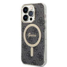 Заредете изображение във визуализатора на галерията – Original Set GUESS GUBPP14LH4EACSK for iPhone 14 Pro (Bundle Pack Magsafe: Case + Charger / 4G / Gold - Black)
