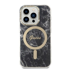 Заредете изображение във визуализатора на галерията – Original Set GUESS GUBPP14XHMEACSK for iPhone 14 Pro Max (Bundle Pack Magsafe: Case + Charger / IMG Marble / Gold - Black)
