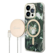 Заредете изображение във визуализатора на галерията – Original Set GUESS GUBPP14LHJEACSA for iPhone 14 Pro (Bundle Pack Magsafe: Case + Charger / IMG Jungle / Gold - Kaki)
