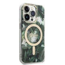 Заредете изображение във визуализатора на галерията – Original Set GUESS GUBPP14LHJEACSA for iPhone 14 Pro (Bundle Pack Magsafe: Case + Charger / IMG Jungle / Gold - Kaki)
