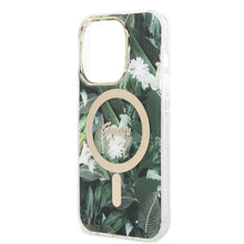 Заредете изображение във визуализатора на галерията – Original Set GUESS GUBPP14LHJEACSA for iPhone 14 Pro (Bundle Pack Magsafe: Case + Charger / IMG Jungle / Gold - Kaki)
