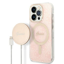 Заредете изображение във визуализатора на галерията – Original Set GUESS GUBPP14LH4EACSP for iPhone 14 Pro (Bundle Pack Magsafe: Case + Charger / 4G / Gold - Pink)
