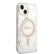 Заредете изображение във визуализатора на галерията – Original Set GUESS GUBPP14SHMEACSH for iPhone 14 (Bundle Pack Magsafe: Case + Charger / IMG Marble / Gold - White)
