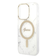 Заредете изображение във визуализатора на галерията – Original Set GUESS GUBPP14LHMEACSH for iPhone 14 Pro (Bundle Pack Magsafe: Case + Charger / IMG Marble / Gold - White)
