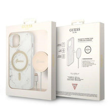 Заредете изображение във визуализатора на галерията – Original Set GUESS GUBPP14SHMEACSH for iPhone 14 (Bundle Pack Magsafe: Case + Charger / IMG Marble / Gold - White)
