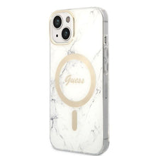 Заредете изображение във визуализатора на галерията – Original Set GUESS GUBPP14SHMEACSH for iPhone 14 (Bundle Pack Magsafe: Case + Charger / IMG Marble / Gold - White)
