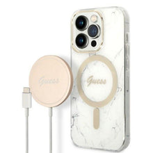 Заредете изображение във визуализатора на галерията – Original Set GUESS GUBPP14XHMEACSH for iPhone 14 Pro Max (Bundle Pack Magsafe: Case + Charger / IMG Marble / Gold - White)
