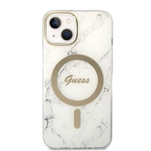 Заредете изображение във визуализатора на галерията – Original Set GUESS GUBPP14MHMEACSH for iPhone 14 Plus (Bundle Pack Magsafe: Case + Charger / IMG Marble / Gold - White)
